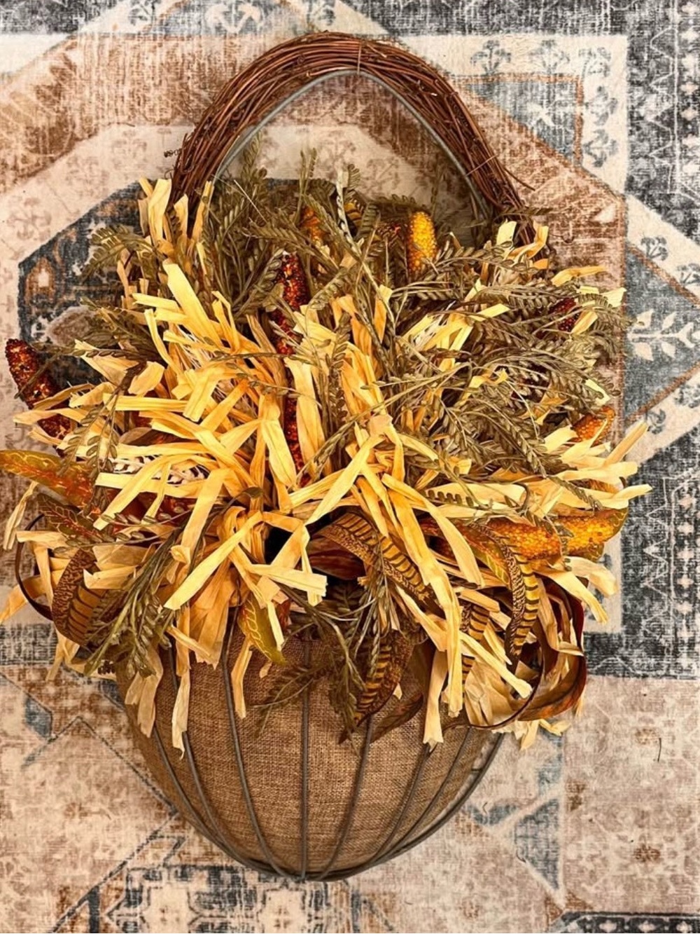 Rustic Autumn Wall Basket with Yellow and Brown Foliage